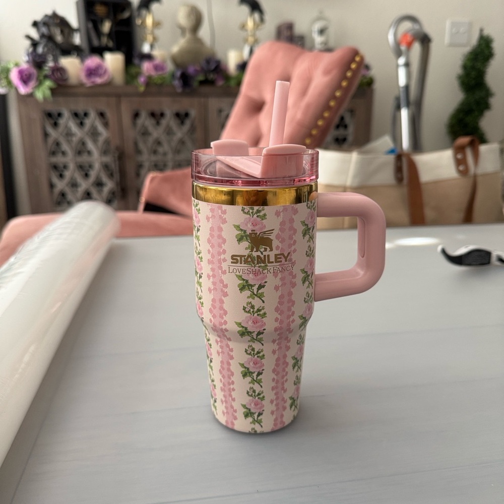 LoveShackFancy Stanley Rose Floral Tumbler with Straw for Child Size Small 14 oz